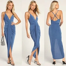 Lulus Dreamy Date Blue Surplice Draped Midi Dress Size XL