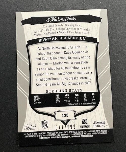 2009 Bowman Sterling - Marlon Lucky #120 Cincinnati Bengals - ROOKIE AUTO /999 - Image 2 of 2