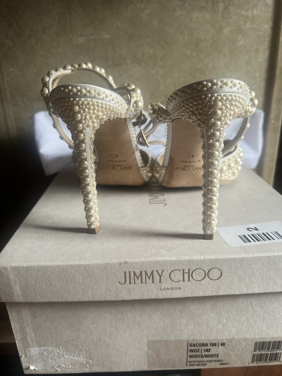 Jimmy Choo Sacora White Satin Sandals with All Over Pearls (Size