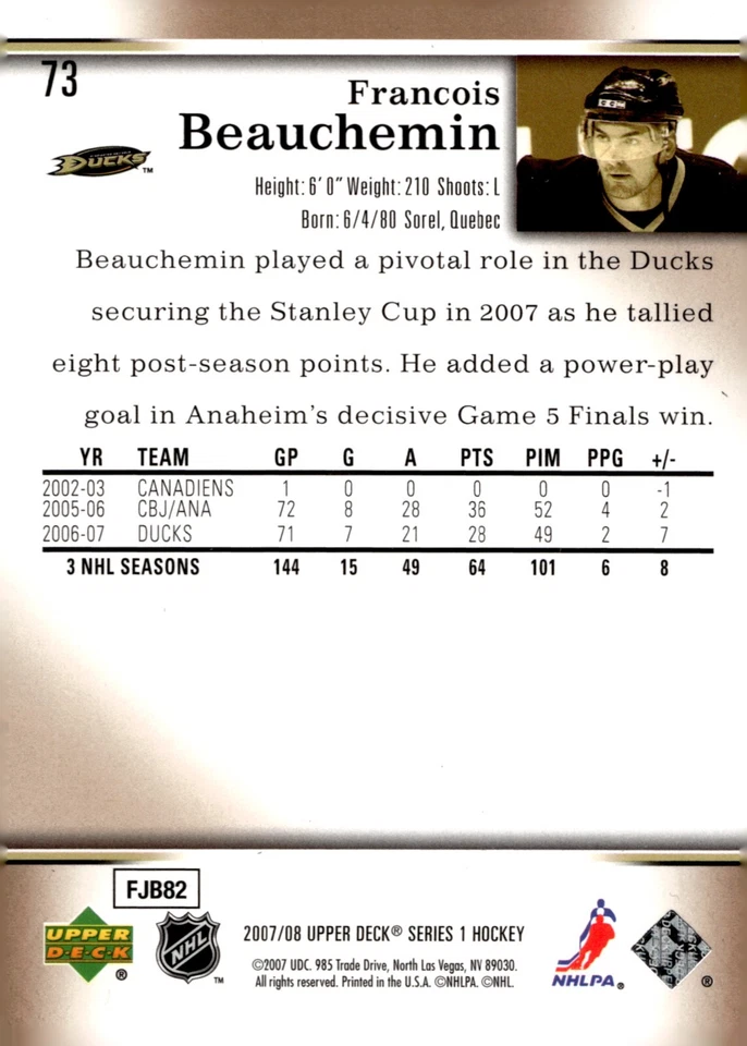 Francois Beauchemin - Signed 2007-08 Upper Deck Series 1 Card #73 - Anaheim - Image 2 of 2