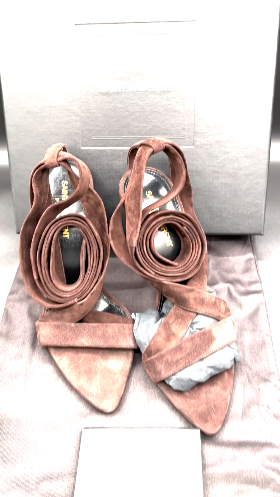 Sandali donna YSL Saint Laurent Deva alla caviglia scamosciati cravatta tacco alto EU 37 5 $1250