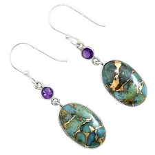 Kingman Copper Teal Turquoise & Amethyst 925 Silver Earrings Jewelry E-1002