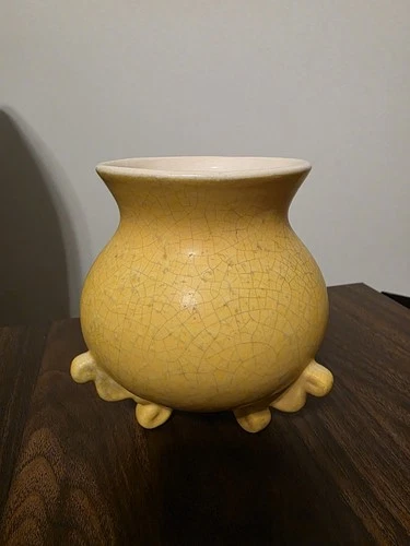 Weller Neiska 1933 Vintage Art Deco Pottery Mottled Yellow Three Footed Vase