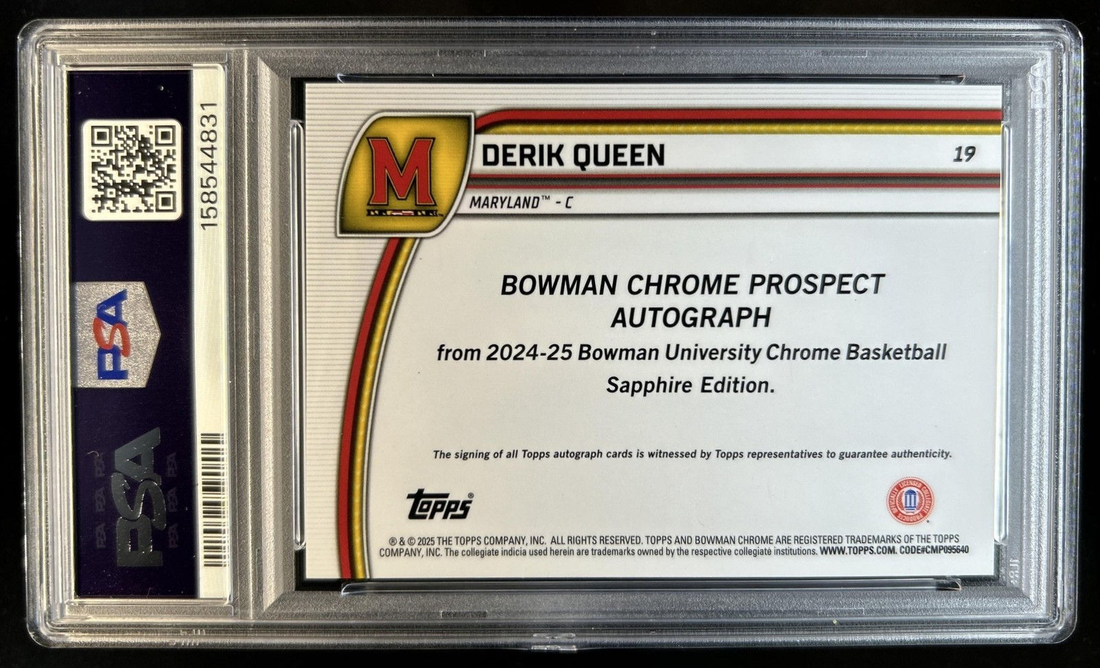 2024-25 Bowman Chrome U Sapphire Derik Queen Auto Orange Refractor #/25 PSA 10 view 2