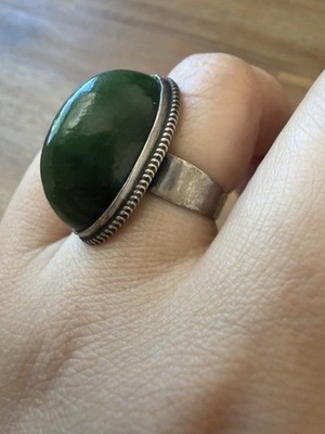 Antique Soviet 875 silver green nephrite ring.