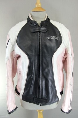 ACESPORT BLACK, PINK & WHITE LEATHER BIKER JACKET WITH BACK PROTECTOR: SIZE 18