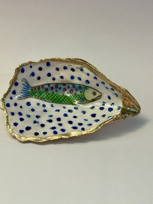 Handcrafted Oyster Shell Fish White Blue Polka Dot Gold Ring Trinket Dish Gift
