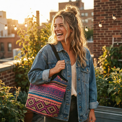 Boho Woven Tote Bag Pink Blue Tribal Pattern Shoulder Bag Festival Market Purse