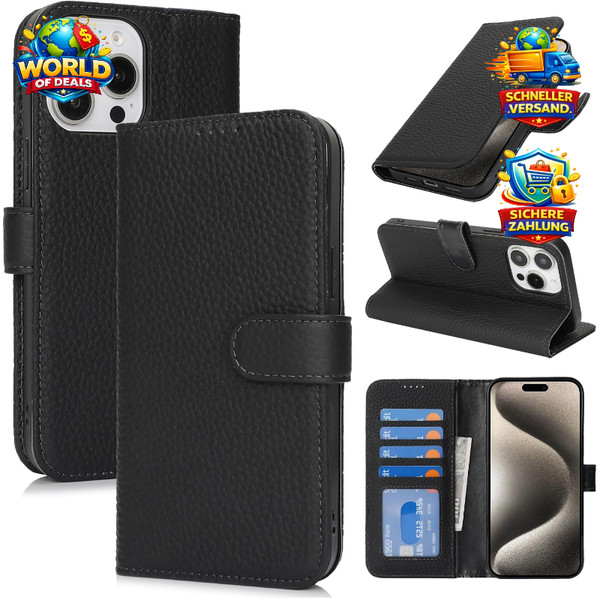 HandyhüLle Echt Leder Schwarz 4 KartenfäCher Rfid Blocker StoßFest FüR Iphone-image