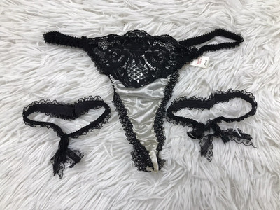 Vintage Jezebel String Bikini Panties Lace w/ Two Thigh Leg Ring Elastic Garter
