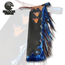 Bull Riding Pro Rodeo Chaps Beige Smooth Leather Skin Black fringes chap
