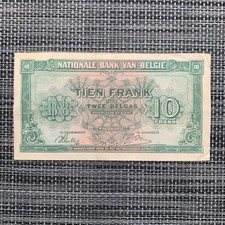 BELGIUM 10 FRANCS BANKNOTE 1943 WWII WW2 BELGIQUE Currency World War Two Era