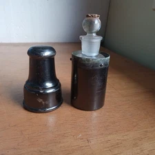 1890s APOTHECARY STOPPER HAND BLOWN MEDICINE BOTTLE IN ORIGINAL METAL CASING