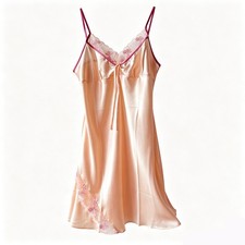 Women's 100 Mulberry Silk Satin Slip Nightgown with Lace Trim Pink Size M Peach