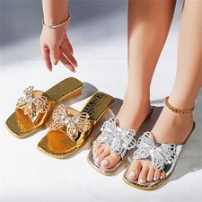 Women's Rhinestone Butterfly Flat Sandals Dressy Square Open Toe Summer Slides