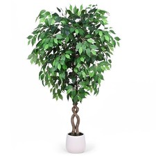 5FT Artificial Ficus Tree, Tall Faux Trees Indoor with White Planter, 5ft Green