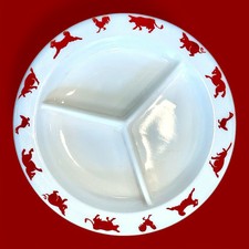 Hazel Atlas Children s Milk Glass Divided Plate With Red Farm Animal Border VTG