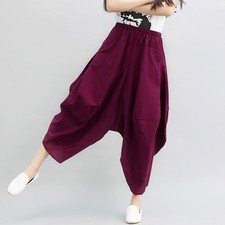 Lady Cotton Blend Loose Harem Pants Solid Ethnic Plain Cropped Boho Trouser Soft