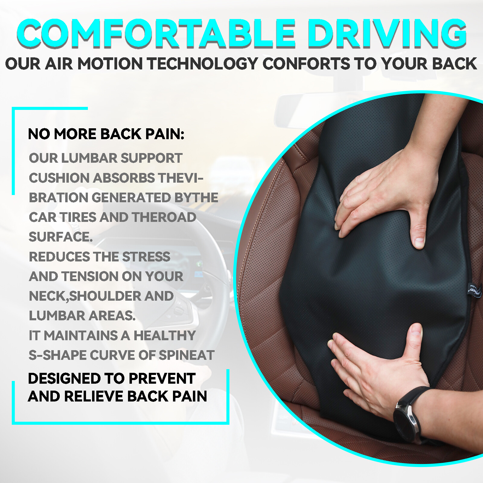Lumbar Back Support Cushion Car Seat Chair Pillow PU Leather Posture