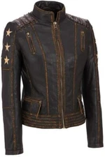 Womens Lacy Sleeves Cafe Racer Stars Brando Biker Distressed Red Slim Fit  S