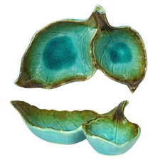 Japanese Ceramic Sushi Wasabi Double Soy Sauce Dish Leaf Crackle Made in Japan