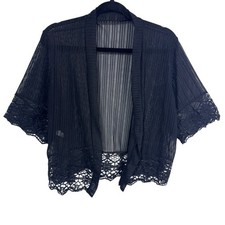 Boho Women's XL Black Cardigan Sheer Lace Trim Open Front Kimono