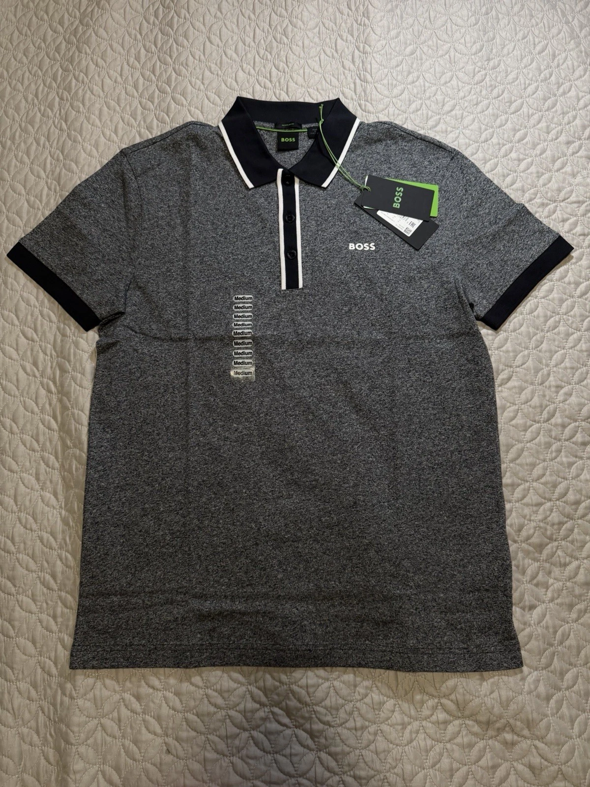 HUGO BOSS MOULINÉ-COTTON POLO SHIRT WITH STRIPED TRIMS Size M
