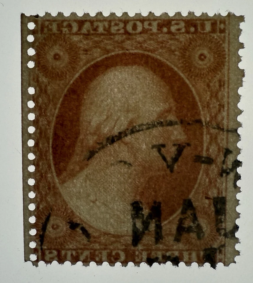 US #26 1857 3c lavado carmín marrón pálido. Tipo III perf. 15,5, Usado; Pos 80L15 Foto 3 de 3