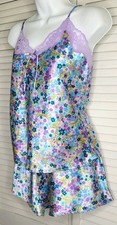 Vtg Cinema Etoile Satiny Purple  Blue Floral Lacy Lingerie Cami  Short Set MED