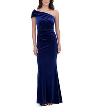 NEW ELIZA J One Shoulder Side Pleat Fit And Flare VELVET GOWN SIZE 6 $198 BLUE