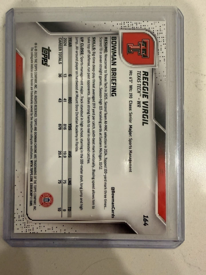 2025 Bowman Chrome University Reggie Virgil Texas Tech Black Sapphire /10 - Image 2 of 2