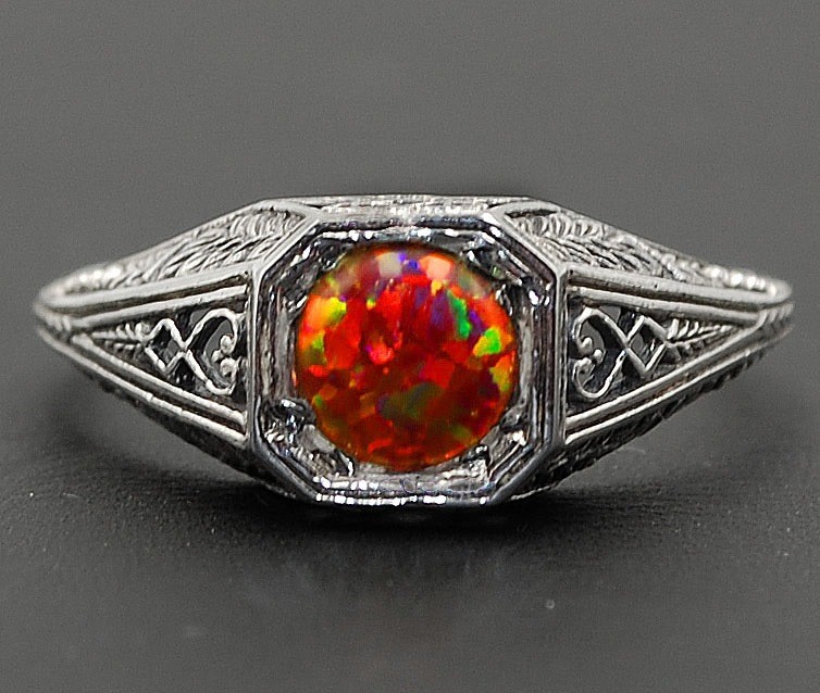 1CT  Red Fire Opal 925 Solid Sterling Silver Filigree Ring Sz 8 FX-2