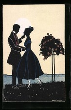 Artist postcard Manni Grosze: rendezvous next to rose bush, silhouette