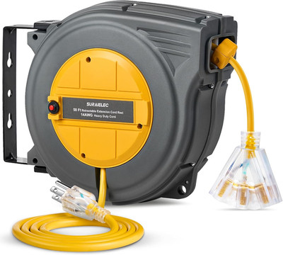 50 FT Retractable Extension Cord Reel, 14AWG/3C SJTW Power Cord Storage Reel, 3 