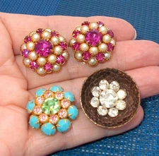 Vintage Rhinestone Button Turquoise Pink Green Crystals Pearl Prong Gold Tone 4p