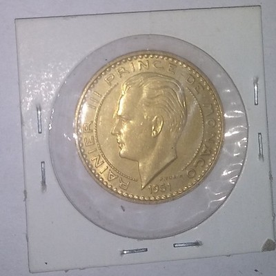 1951 MONACO 20 FRANCS AL-BRONZE COIN of PRINCE RAINER III (A.U. / UNC CONDITION)
