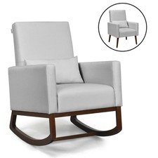 2-in-1 Fabric Upholstered Rocking Chair Nursery Armchair with Pillow Light Grey
