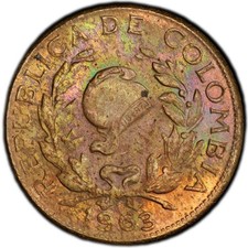 MS64RB 1963 Columbia 5 Centavos, PCGS Trueview- Pretty Rainbow Toned