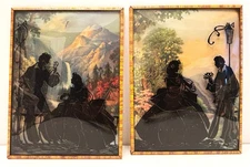 PAIR 1930’s Reverse Painted Silhouette on Convex Glass Victorian Couple Courting