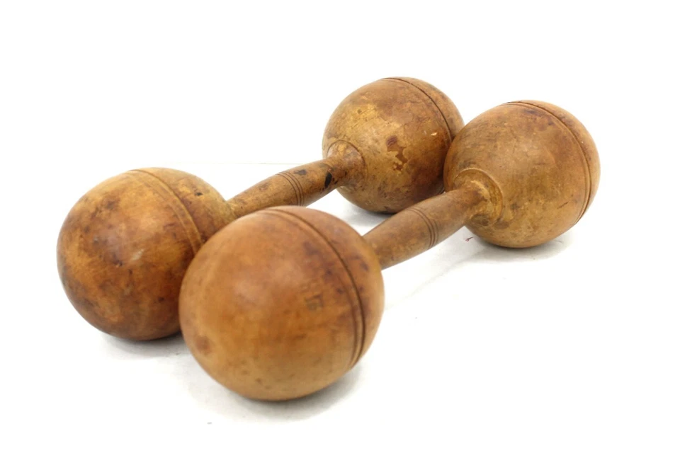 Par de mancuernas antiguas primitivas raras de madera maciza de los años 20 1# cada juego de pesas Foto 3 de 4