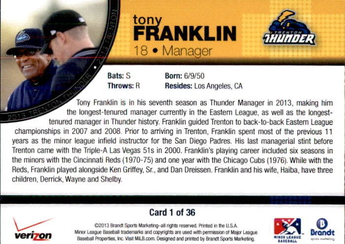 2013 Trenton Thunder Brandt 1 Tony Franklin Los Angeles California Baseball Card - Image 2 of 2