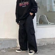 Retro Casual Hip Hop Japanese Black Cargo Pants Men Baggy Trousers Streetwear