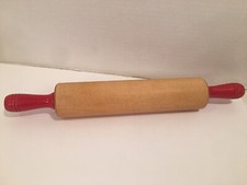 Vintage Baking Wooden Rolling Pin w/Red Wood Handles Farmhouse  Cottage Decor