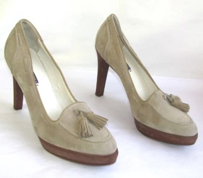 RALPH LAUREN Escarpins talons 11.5cm cuir velours beige 10.5 40.5 EXCELLENT ETAT - Photo 1/4