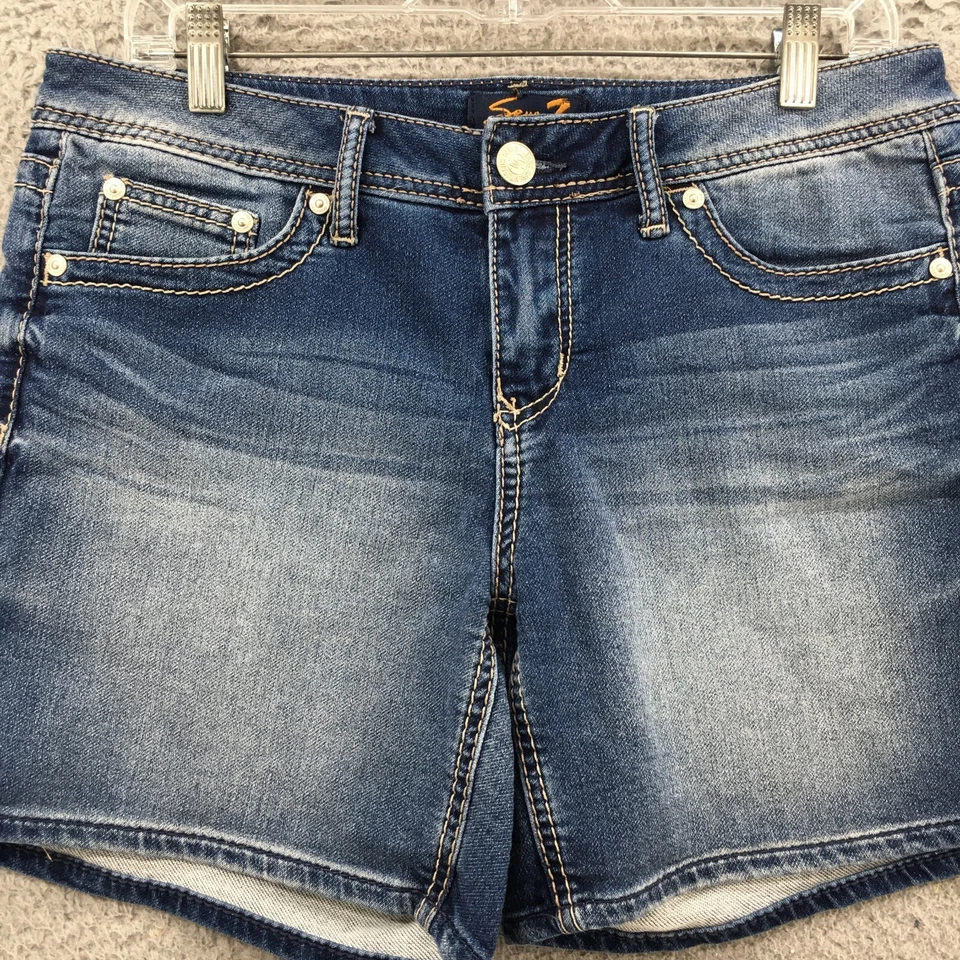 Bermudas Seven7 para mujer 8 (real 33x6) azul denim tiro medio mezcla de algodón Foto 2 de 4