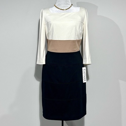 Kay Unger Dress Women's 12 NWT Colorblock Knit Midi Sheath Stretch Black Cream
