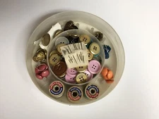 Vintage Plastic Sewing Box With Buttons and Wooden Spools
