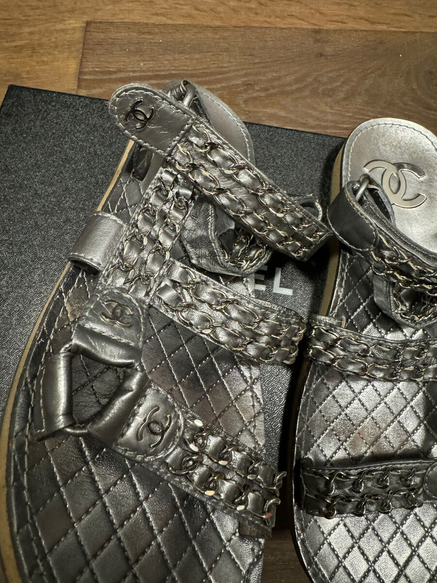 Chanel Metallized Lambskin Silver Sandals, G33800X52211 Chanel Metallized Lambskin Silver Sandals, G33800X52211