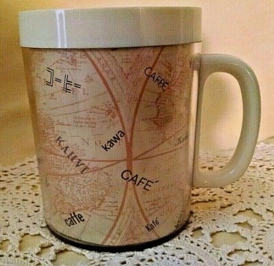INTERNATIONAL COFFEE MUG 1982 PLASTIC THERMO SERV USA DIFFERENT LANGUAGES WORLD.
