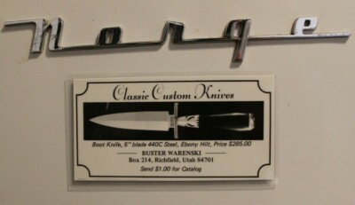 BUSTER WARENSKI HANDMADE ART KNIFE DAGGER FRIDGE MAGNET. 1975 VINTAGE CATALOG AD